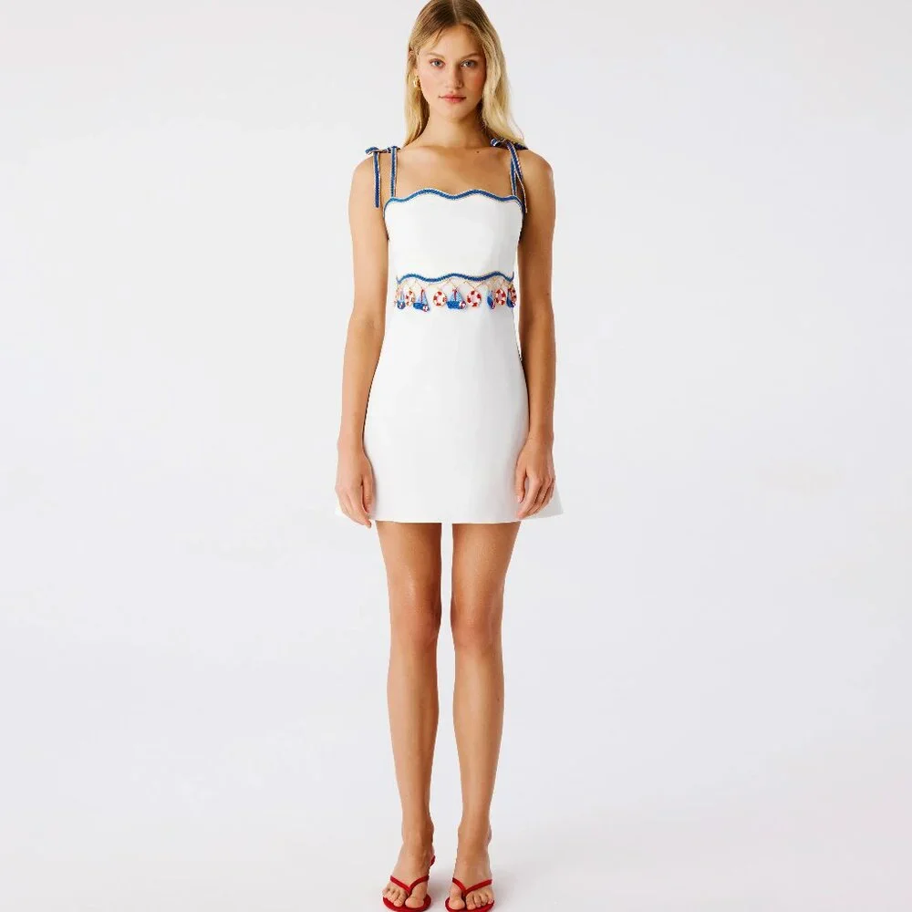My Beachy Side Muse WHITE NAUTICAL CROCHET SAIL BOAT MINI DRESS LARGE NWT L - Picture 7 of 11